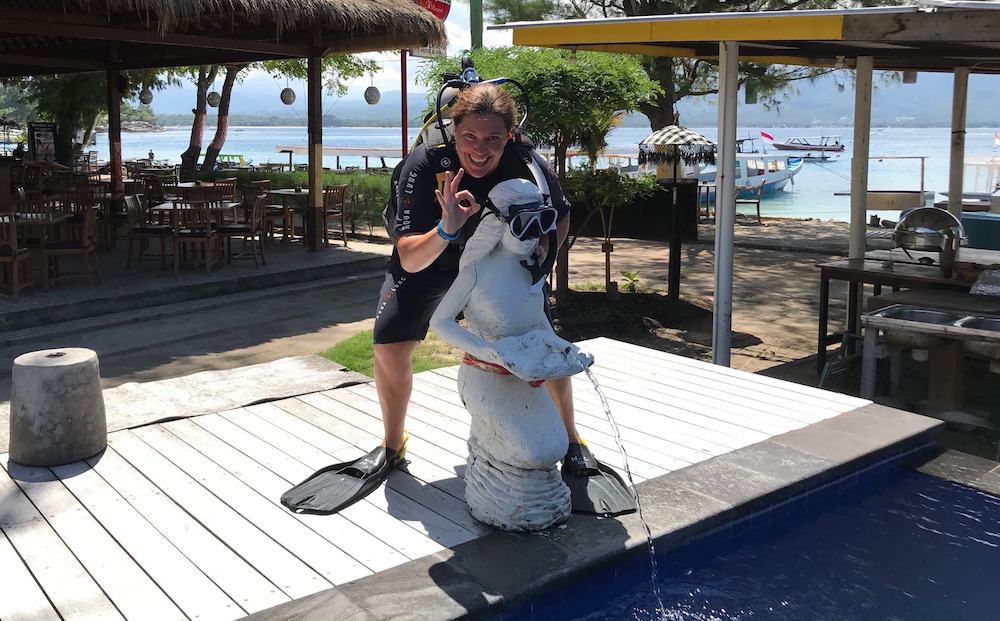 Mel with fountain copy Divemaster Course in Indonesia
